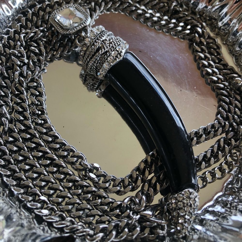 Rhinestone and black horn shape long necklace